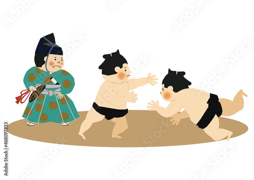 スポーツのイラスト素材。
相撲のクリップアート。
力士と行司。土俵。国技館のイメージ。
