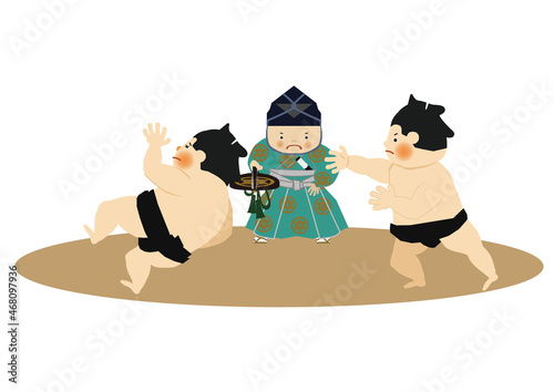 スポーツのイラスト素材。
相撲のクリップアート。
力士と行司。土俵。国技館のイメージ。
