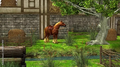 Animated video where a horse standing and eating grass under the shade of tree near the running water.Houses,blowing leaves,trees,running river,wood logs.Animation of Farm House. photo
