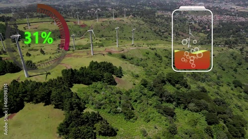 Aerial view of powerful Wind turbine farm for energy production . Wind power turbines generating clean renewable energy for sustainable development. 4k footage. battery charging using wind energy photo