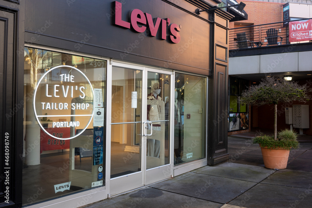 Portland, OR, USA - Nov 8, 2021: The storefront of the Levi's Tailor Shop  in Portland, Oregon.