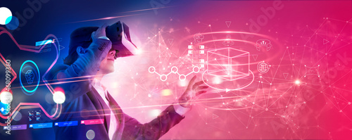 Metaverse Technology concept. Businessman use VR virtual reality goggle and experiences of metaverse virtual world for business future. Visualization, Virtual augmented reality on social network