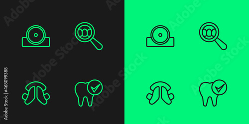 Set line Tooth, Dental tooth plate, Otolaryngological head reflector and search icon. Vector