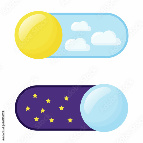 On and Off toggle switch buttons. Light and Dark Buttons. Day night switch. Gadget interface switch to Day and Night mode for Mobile App, Web Design, Animation. Day and Night Mode. Dark mode switch