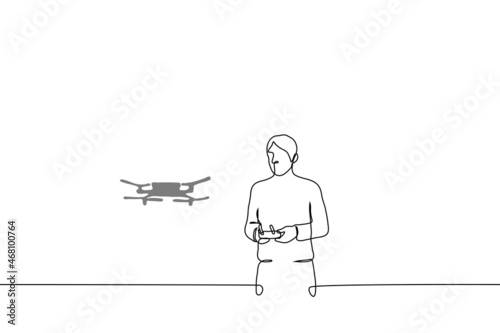 man with radio controlled drone - one line drawing vector concept. videographer launches a quadcopter to take pictures of the terrain from bird's eye view, researcher or rescuer searches with aircraft