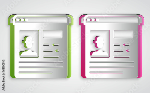 Paper cut Resume icon isolated on grey background. CV application. Searching professional staff. Analyzing personnel resume. Paper art style. Vector