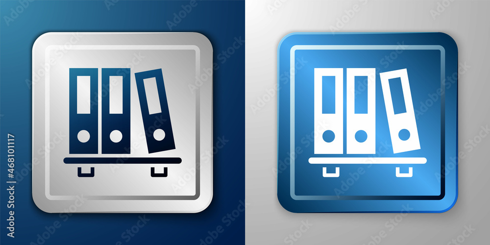 White Office folders with papers and documents icon isolated on blue and grey background. Office binders. Archives folder sign. Silver and blue square button. Vector White Office folders with papers and documents icon isolated on blue and grey background. Office binders. Archives folder sign. Silver and blue square button. Vector