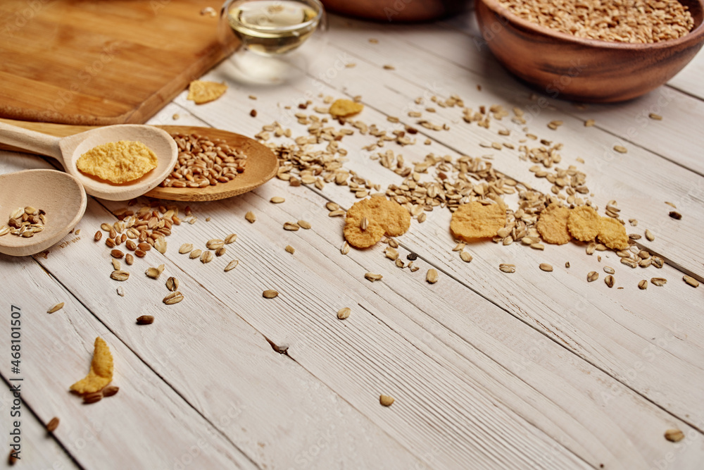Fototapeta premium wooden kitchen items food muesli view from above