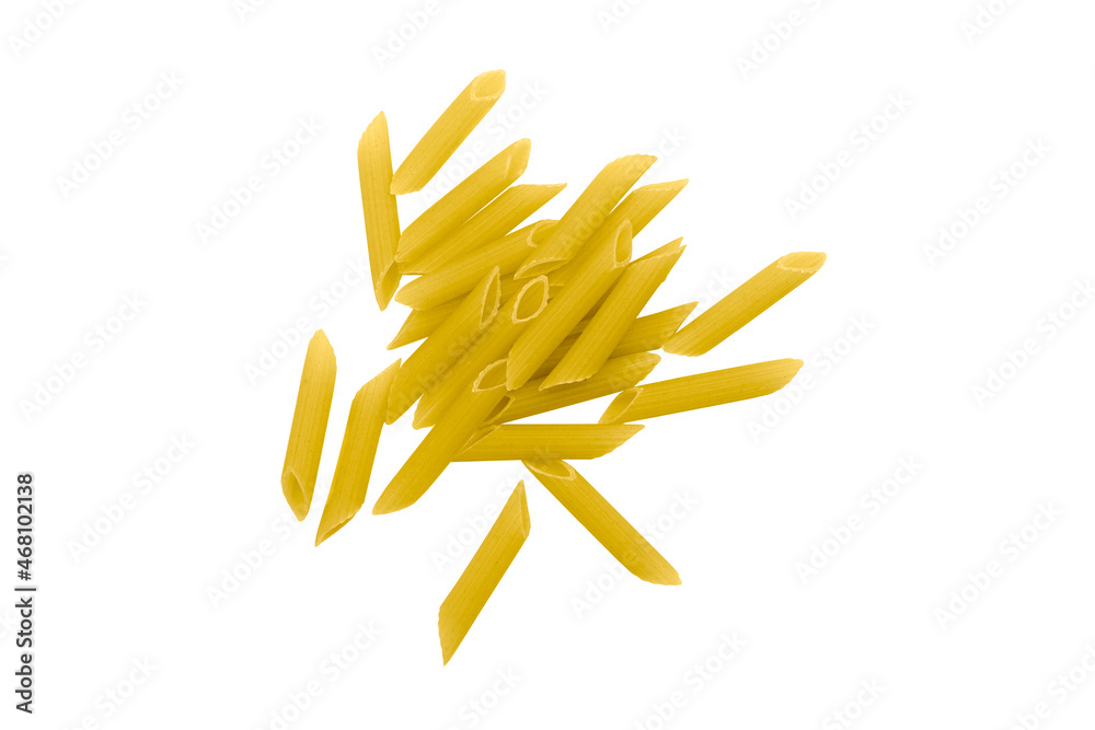 Pile of dry uncooked penne pasta isolated on white background, top view. Pile of dry uncooked penne pasta isolated on white background, top view.