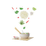 Vietnamese Pho Bo soup in a bowl with falling ingredients on a white background, 3d illustration