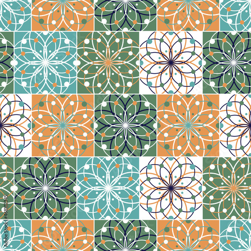 Portuguese tiles. Vector illustration of Azulejo on white background. Mediterranean style. Multicolor design.