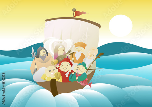 七福神の船が海を航海しているイラスト © okayu