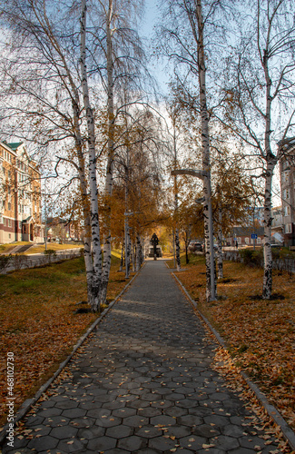 Alley in the capital of Ugra  the city of Khanty-Mansiysk. Alley on Dzerzhinsky Street in Khanty-Mansiysk. Yellow foliage on the lawn grass. Autumn in the city - fallow leaves are carpeted over the la