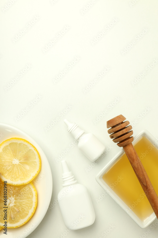 Flu treatment accessories on white background, space for text Flu treatment accessories on white background, space for text