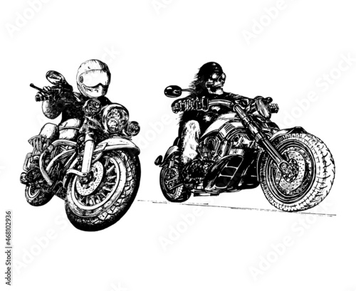Skeleton rider on motorcycle.Drawn biker in vector