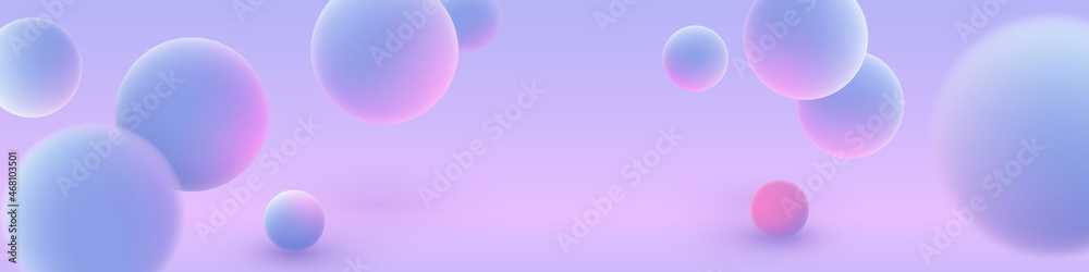 Banner with realistic blue balls, blured and luminous pink balls with soft touch feeling in blue pink abstract background. Vector illustration for postcard, banner, cards, web, design, advertising.