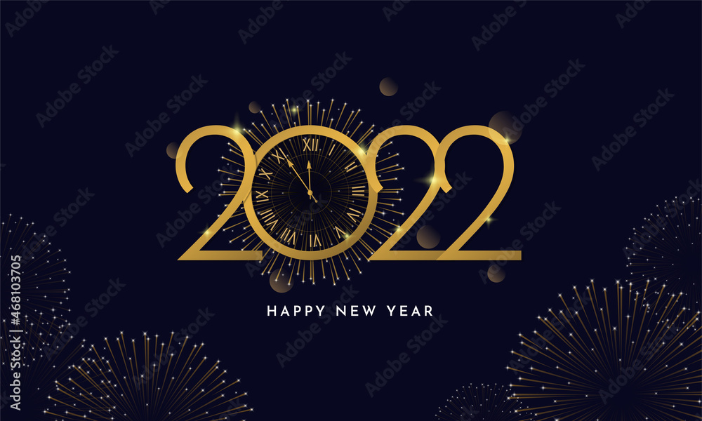 Happy New Year 2022 Poster. Golden Typography Line with Elegant Classic Watch and Fireworks Background Vector Illustration Design - obrazy, fototapety, plakaty 