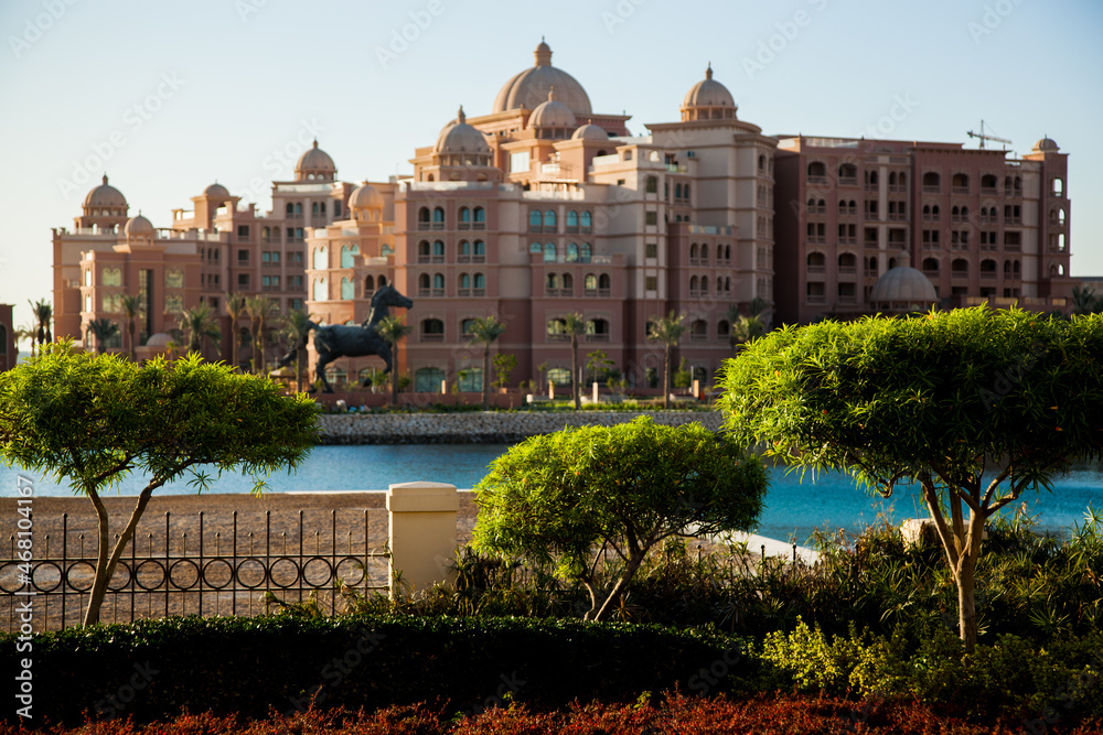 Fototapeta premium Doha,Qatar,01/27/2016. Street view in Venice-like Qanat Quartier of the Pearl precinct of Doha, Qatar