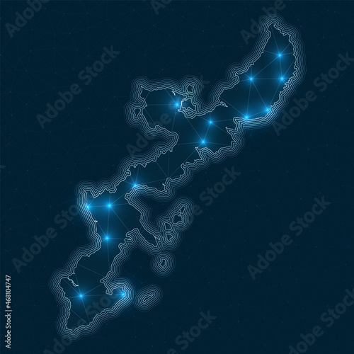 Okinawa Island network map. Abstract geometric map of the island. Digital connections and telecommunication design. Glowing internet network. Beautiful vector illustration.
