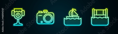 Set line Award cup, Photo camera, Yacht sailboat and Water volleyball net. Glowing neon icon. Vector