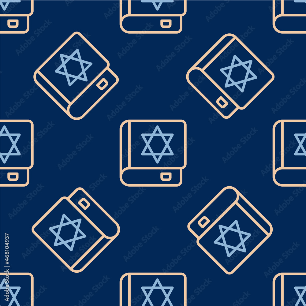 Line Jewish torah book icon isolated seamless pattern on blue background. On the cover of the Bible is the image of the Star of David. Vector Line Jewish torah book icon isolated seamless pattern on blue background. On the cover of the Bible is the image of the Star of David. Vector
