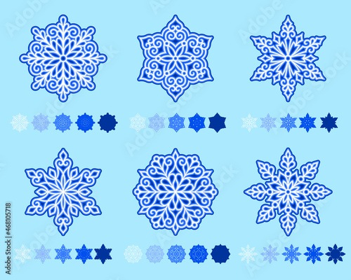 3D Snowflake silhouette papercut. Vector layered snowflakes templates. Winter symbol paper or laser cutting or sublimation. Christmas ornaments for holidays. Flat style. New year illustrations.