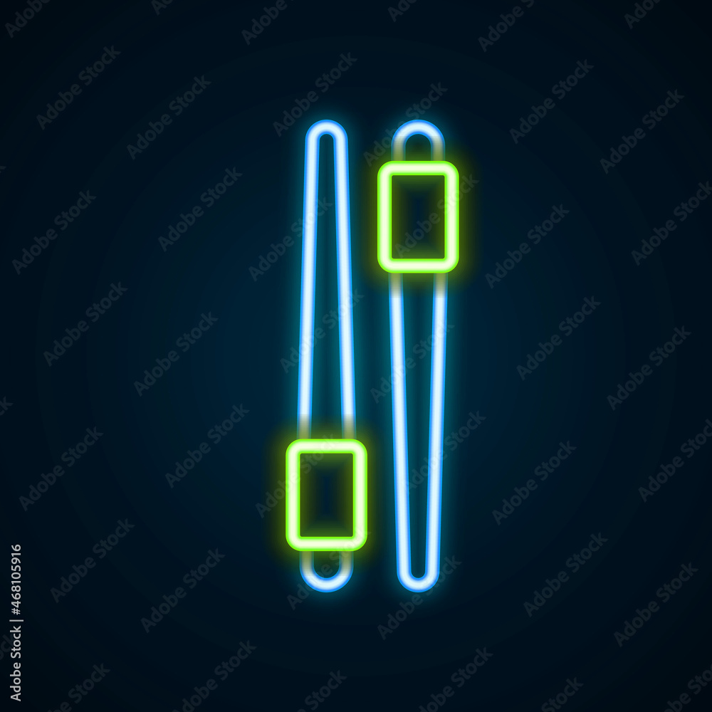 Glowing neon line Food chopsticks icon isolated on black background. Wooden Korean sticks for Asian dishes. Oriental utensils. Colorful outline concept. Vector Glowing neon line Food chopsticks icon isolated on black background. Wooden Korean sticks for Asian dishes. Oriental utensils. Colorful outline concept. Vector