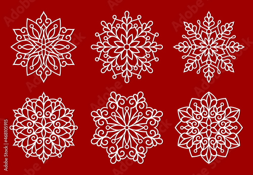 Snowflake silhouette papercut. Vector set templates. Winter symbol paper,laser cutting or sublimation.Christmas ornaments for holidays.Flat style.New year illustrations. Design elements.