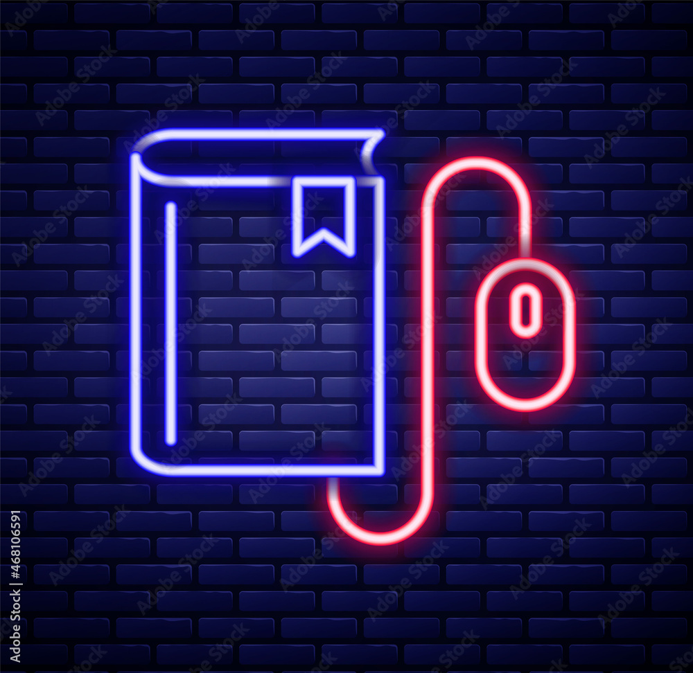 Glowing neon line Electronic book with mouse icon isolated on brick wall background. Online education concept. E-book badge icon. Colorful outline concept. Vector Glowing neon line Electronic book with mouse icon isolated on brick wall background. Online education concept. E-book badge icon. Colorful outline concept. Vector