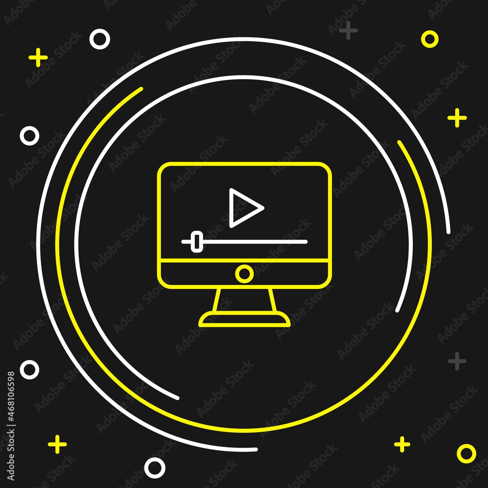 Line Online play video icon isolated on black background. Film strip with play sign. Colorful outline concept. Vector
