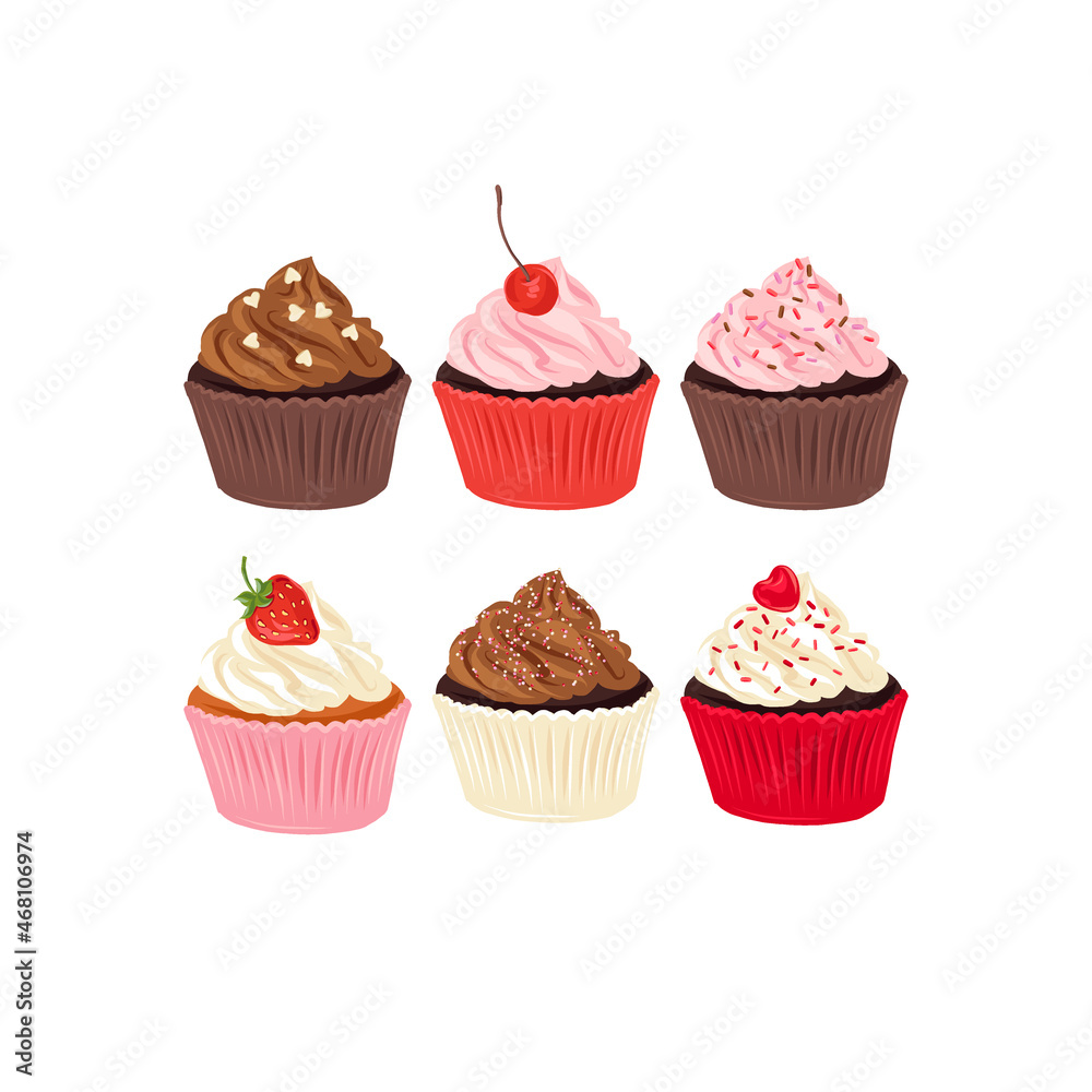 Cupcake vector clip art set isolated on white. Valentines day sweets illustration collection. Sweet treats graphic elements for romantic design Cupcake vector clip art set isolated on white. Valentines day sweets illustration collection. Sweet treats graphic elements for romantic design