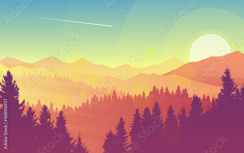 Mountain landscape. Travel flyer, background, booklet. Adventure, hiking, camping, vacation. Abstract landscape. Banner with polygonal landscape illustration. Minimalist style. Flat design