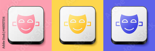 Isometric Comedy theatrical mask icon isolated on pink, yellow and blue background. Square button. Vector