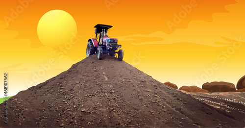 Beautiful sunset scene of Farm in which indian farmer working hard on his tractor