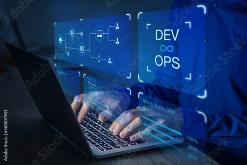 DevOps software development and IT operations engineer working in agile methodology environment. Concept with dev ops icon on computer screen and project manager, coder or sysadmin typing on keyboard.