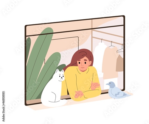 Person and cute cat looking out of open window, staying home. Woman and kitty indoors, dove on windowsill outside apartment. Kitten and pigeon. Flat vector illustration isolated on white background
