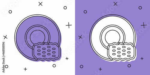 Set Washing dishes icon isolated on white and purple background. Cleaning dishes icon. Dishwasher sign. Clean tableware sign. Vector