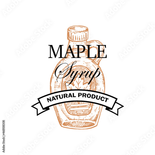 Hand drawn Maple syrup logo. Vector illustration in sketch style