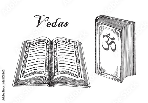 Vedas, Judaism religion Holy book. Ancient Hindu sacred texts, holy scriptures, sketch vector illustration. photo