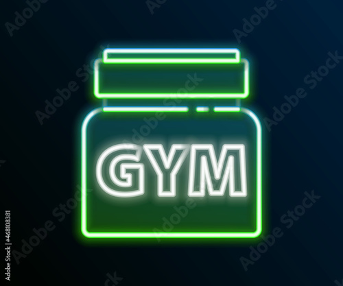 Glowing neon line Sports nutrition bodybuilding proteine power drink and food icon isolated on black background. Colorful outline concept. Vector