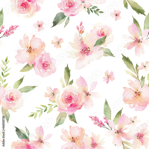 Watercolor seamless pattern with pink flowers. Hand painted repeating background with floral elements. Garden style texture for wrapping paper or textiles.