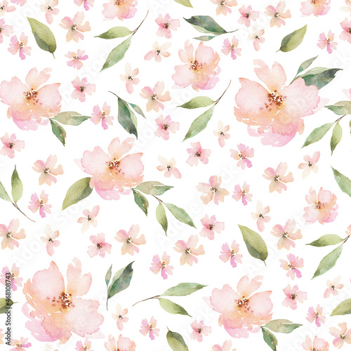 Watercolor seamless pattern with pink flowers. Hand painted repeating background with floral elements. Garden style texture for wrapping paper or textiles. © Aleksa