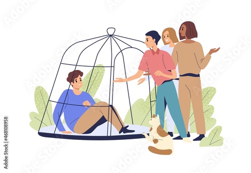 Person with depression and fear. Friends open cage and help victim to become free from mental problem, rescue depressed man. Psychology concept. Flat vector illustration isolated on white background