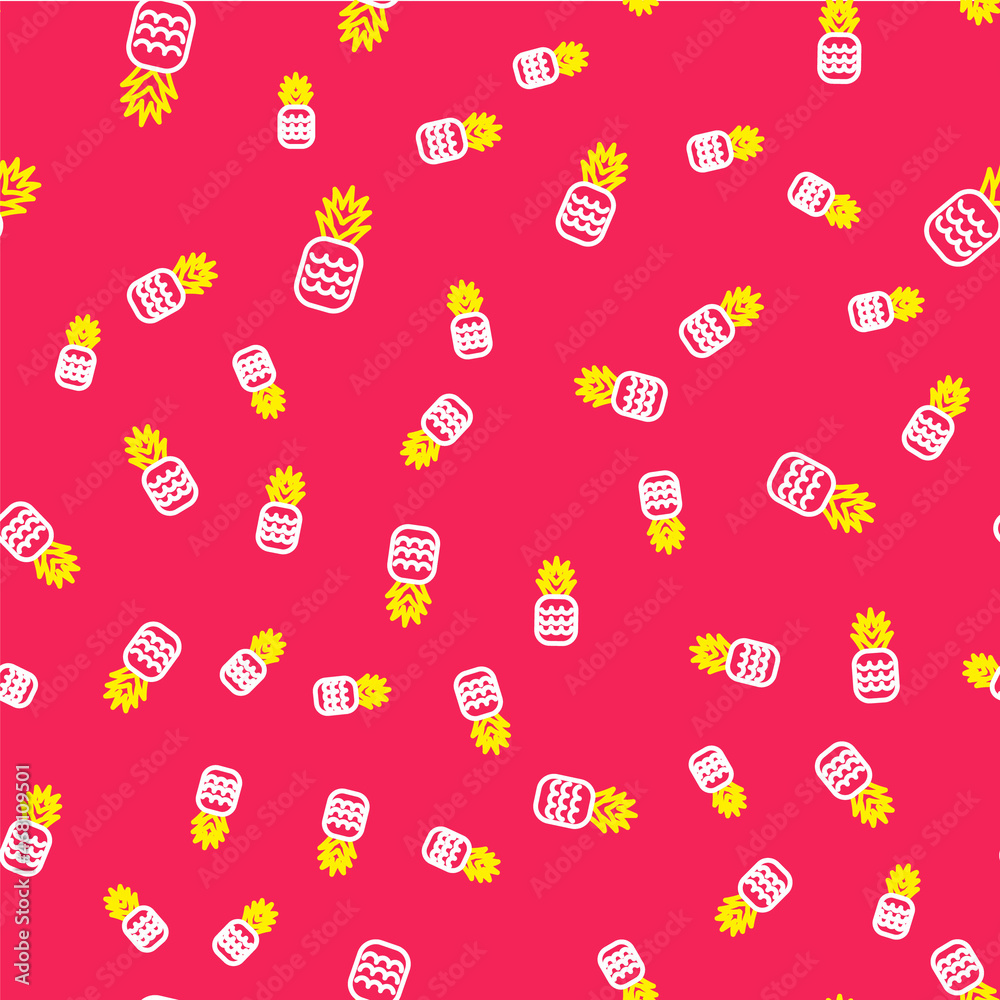 Line Pineapple tropical fruit icon isolated seamless pattern on red background. Vector Line Pineapple tropical fruit icon isolated seamless pattern on red background. Vector