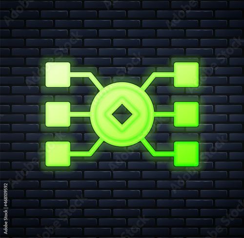 Glowing neon Neural network icon isolated on brick wall background. Artificial intelligence AI. Vector