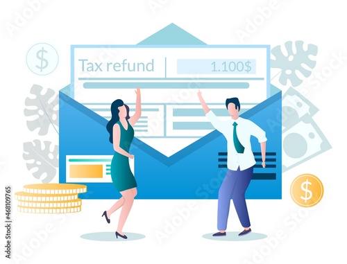 People getting paid money back, vector illustration. Tax refund, tax rebates concept.