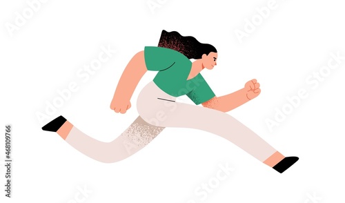 Person running fast and rushing. Life hurry concept. Woman runner with determined aim and ambition moving forward with strong efforts to succeed. Flat vector illustration isolated on white background