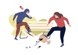 Vandalism concept. Street vandals destroying public property in park. Angry hooligans breaking bench with bat, damaging trash can. Flat vector illustration of bullies isolated on white background