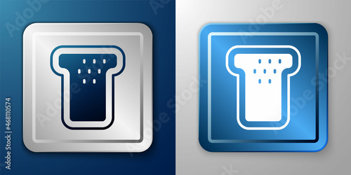 White Bread toast for sandwich piece of roasted crouton icon isolated on blue and grey background. Lunch, dinner, breakfast snack. Silver and blue square button. Vector