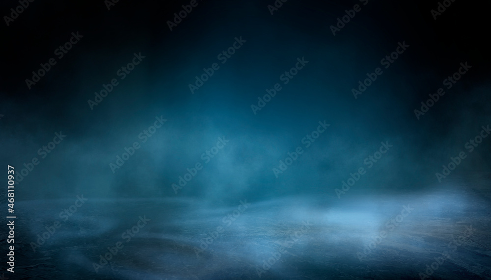 Dark street, wet asphalt, reflections of rays in the water. Abstract dark blue background, smoke, smog. Empty dark scene, neon light, spotlights. Concrete floor